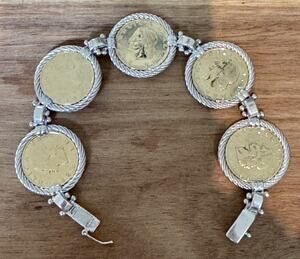 Vintage Italian Sterling Silver Bracelet Five Genuine Italian 20 Lire Coins 44g